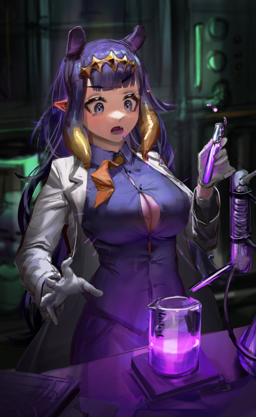 1girl absurdres alternate_breast_size bangs beaker blunt_bangs blush breasts bursting_breasts cleavage coat flying_button gloves gradient_hair highres hololive hololive_english labcoat long_hair multicolored_hair ninomae_ina'nis numanoan open_mouth orange_hair pointy_ears popped_button purple_hair scientist sidelocks tentacle_hair test_tube very_long_hair virtual_youtuber white_coat