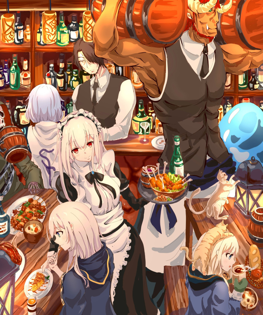 3boys 3girls alcohol animal_on_head apple_pie baguette bar_(place) bartender beard beer black_bow black_bowtie black_dress black_hair black_necktie black_vest blonde_hair blue_eyes blue_jacket bottle bow bowtie bread c4_art cat cat_on_head chicken_leg chinstrap_beard closed_mouth cocktail_glass coffee collared_shirt commentary_request cup demon_boy demon_horns dress drinking_glass facial_hair food green_eyes green_mittens hair_over_one_eye highres horns indoors jacket kebab lantern long_hair long_sleeves maid maid_headdress mittens multiple_boys multiple_girls muscular muscular_male necktie on_head original pie pie_slice red_eyes red_hair shirt short_hair sitting sleeveless sleeveless_shirt smile standing table upper_body vest white_hair white_shirt wine_bottle