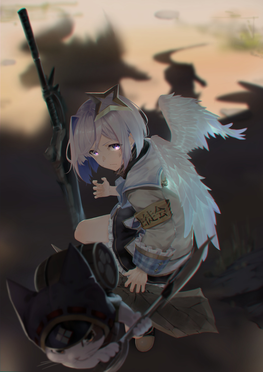 1girl absurdres amane_kanata angel angel_wings armband asymmetrical_hair black_skirt blue_hair blurry broken_ground cat character_request colored_inner_hair depth_of_field feathered_wings fighting_stance from_side glowing glowing_eyes grey_hair halo highres holding holding_weapon hololive jhc_kai looking_at_viewer miniskirt monster_hunter_(series) multicolored_hair pink_hair pleated_skirt purple_eyes school_uniform shadow short_hair single_hair_intake skirt star_halo streaked_hair virtual_youtuber weapon white_wings wings