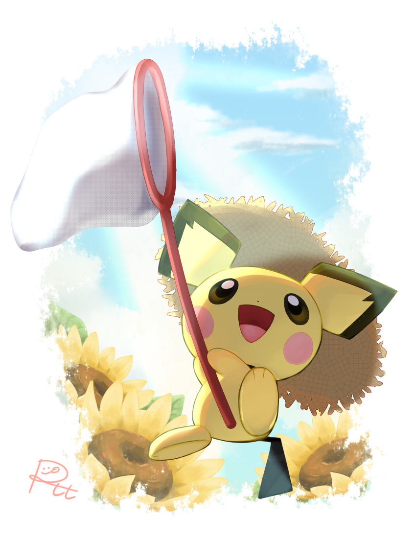 :d absurdres brown_eyes butterfly_net cloud commentary_request day flower full_body hand_net highres holding holding_butterfly_net looking_up no_humans open_mouth outdoors pichu pokemon pokemon_(creature) poket_mkrn signature sky smile solo summer sunflower tongue