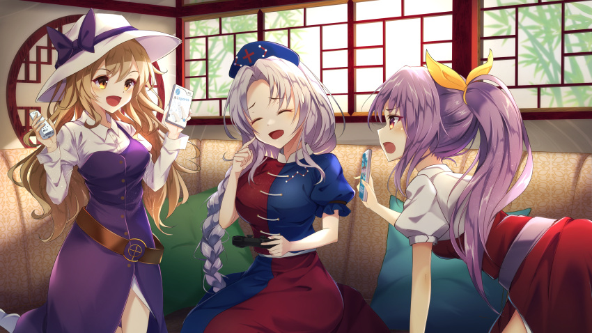 3girls absurdres belt blonde_hair blue_headwear braid brown_belt closed_eyes collared_shirt controller cross dress game_controller hair_between_eyes hair_ribbon hat highres holding holding_controller holding_game_controller long_hair long_sleeves loose_belt multiple_girls nurse_cap open_mouth pinafore_dress ponytail purple_dress purple_hair red_cross red_dress red_eyes red_ribbon ribbon shirt short_sleeves siblings single_braid sisters smile touhou two-tone_dress watatsuki_no_toyohime watatsuki_no_yorihime white_hair white_headwear white_shirt wii_remote wii_sports yagokoro_eirin yamanakaume yellow_eyes