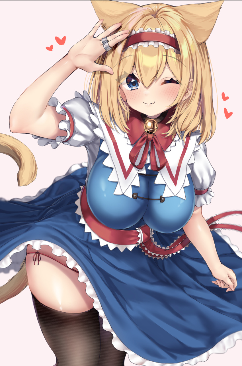 1girl alice_margatroid animal_ears arm_up bangs bell black_thighhighs blonde_hair blue_dress blue_eyes blush breasts capelet cat_ears cat_girl cat_tail closed_mouth clothes_lift commentary_request cowboy_shot dress dress_lift extra_ears eyes_visible_through_hair fang frilled_dress frills hairband hand_on_own_forehead heart highres impossible_clothes impossible_dress jewelry jingle_bell large_breasts leaning_forward lolita_hairband looking_at_viewer medium_hair neck_ribbon one_eye_closed onomiya panties pantyshot puffy_short_sleeves puffy_sleeves red_hairband red_panties ribbon ring short_sleeves side-tie_panties simple_background skin_fang smile solo standing tail thighhighs thighs touhou underwear zettai_ryouiki