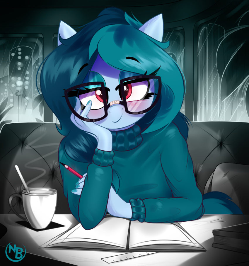 2022 absurd_res anthro blush clothed clothing delta_vee digital_media_(artwork) eyebrows eyewear fan_character female fingers glasses hasbro hi_res looking_at_viewer mammal my_little_pony nevobaster pencil_(object) solo