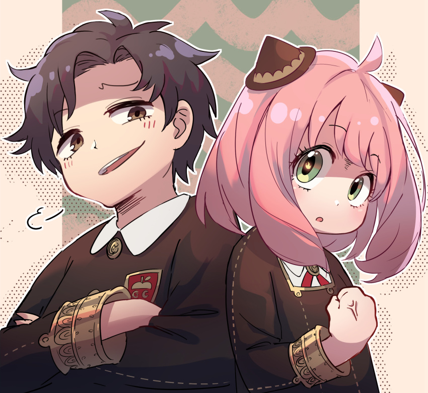 1boy 1girl :o ahoge anger_vein anya_(spy_x_family) bangs black_hair blush child clenched_hand damian_desmond eden_academy_uniform female_child green_eyes hairpods highres long_sleeves male_child medium_hair parted_bangs parted_lips pink_hair school_uniform spy_x_family uji_matcha yellow_eyes