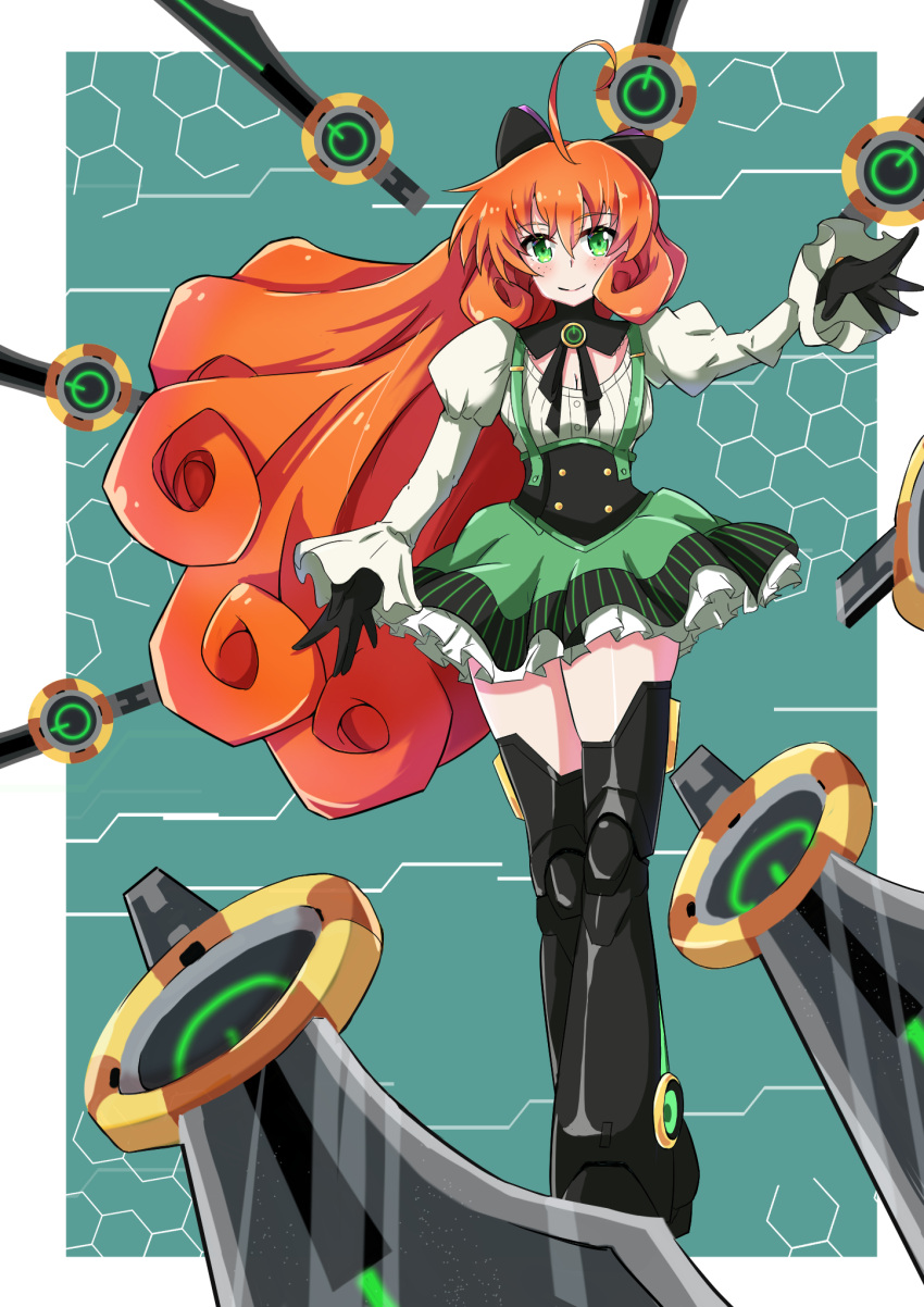 1girl ahoge android bakuma black_bow black_collar black_corset black_gloves black_ribbon blouse blush bow breasts cleavage collar corset floating floating_object floating_sword floating_weapon freckles frilled_skirt frilled_sleeves frills gloves green_eyes green_skirt green_suspenders hair_bow highres honeycomb_(pattern) honeycomb_background juliet_sleeves lace-trimmed_collar lace_trim long_hair long_sleeves mechanical_legs multiple_swords neck_ribbon orange_hair penny_polendina power_symbol puffy_sleeves ribbon robot_girl rwby shirt simple_background skirt smile solo suspenders sword weapon white_shirt