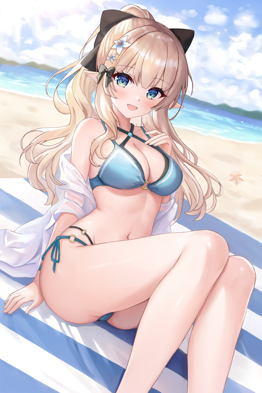 1girl :d absurdres ass_visible_through_thighs bangs beach beach_mat bikini blonde_hair blue_bikini blue_eyes breasts cleavage commentary elf fanteam feet_out_of_frame highres looking_at_viewer navel open_clothes pointy_ears ponytail princess_connect! saren_(princess_connect!) sidelocks sky smile solo swimsuit thighs