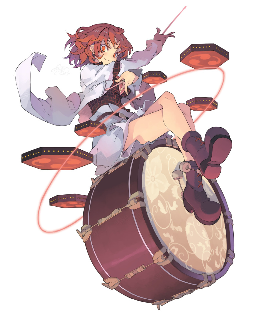 1girl absurdres belt black_shirt boots closed_mouth constricted_pupils crossed_arms drum drum_set drumsticks dual_wielding floral_print full_body highres holding holding_drumsticks horikawa_raiko instrument jacket long_sleeves looking_at_viewer mitsudomoe_(shape) morino_hon music necktie plaid plaid_shirt playing_instrument red_eyes red_hair roller_shoes shirt shoes short_hair signature simple_background sitting sitting_on_drum skirt skirt_set smile solo tomoe_(symbol) touhou wavy_mouth white_background white_jacket