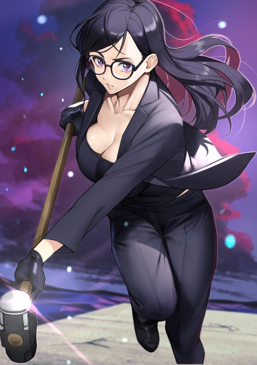 1girl absurdres black-framed_eyewear black_footwear black_gloves black_hair black_jacket black_pants black_shirt breasts cloud collarbone formal glasses gloves hammer highres holding holding_hammer jacket large_breasts long_hair looking_at_viewer minakata_hizuru ocean pants pier purple_eyes running shirt sky sledgehammer solo suit summertime_render yoshio_(55level)