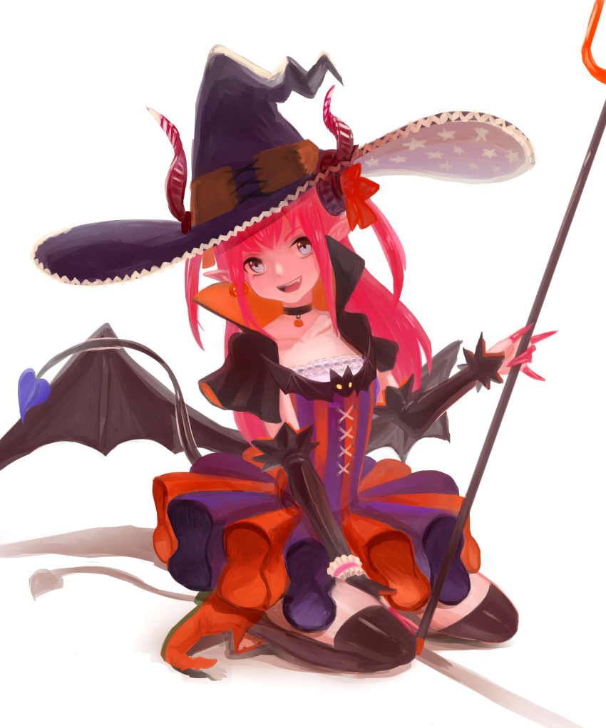1girl absurdres bangs bat_(animal) between_legs black_capelet black_choker black_sleeves black_thighhighs black_wings blue_eyes bow capelet choker collarbone commentary demon_girl demon_tail demon_wings detached_sleeves dress earrings elizabeth_bathory_(fate) elizabeth_bathory_(halloween_caster)_(fate) fang fate/grand_order fate_(series) finger_cots flat_chest full_body hair_bow hand_between_legs hand_up happy hat head_tilt high_collar highres holding holding_trident holding_weapon horns horns_through_headwear jack-o'-lantern jack-o'-lantern_earrings jewelry kneeling long_hair looking_at_viewer open_mouth orange_footwear pink_hair pointy_ears pointy_footwear polearm purple_headwear red_bow red_horns sasamiman seiza shoes short_dress sidelocks simple_background sitting smile solo star_(symbol) star_print striped striped_dress tail teeth thighhighs trident two-sided_capelet two-tone_dress two_side_up weapon white_background wings witch_hat