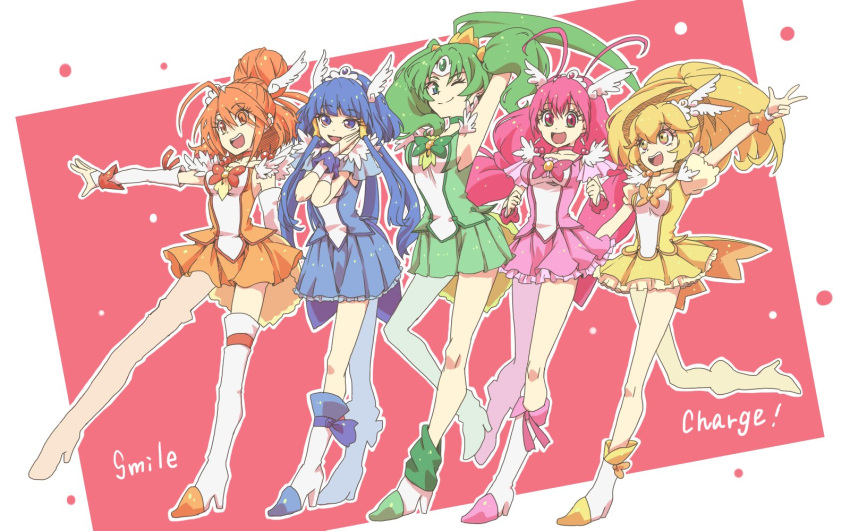 5girls aoki_reika bike_shorts_under_skirt blonde_hair blue_eyes blue_hair blue_shirt blue_skirt boots breasts choker cure_beauty cure_happy cure_march cure_peace cure_sunny green_eyes green_hair green_shirt green_skirt highres hino_akane_(smile_precure!) hoshizora_miyuki kasetsu kise_yayoi long_hair magical_girl medium_breasts midorikawa_nao multiple_girls open_mouth orange_choker pink_eyes pink_hair pink_shirt pink_skirt precure red_background red_shirt red_skirt shirt short_sleeves skirt smile smile_precure! thigh_boots tiara two-tone_background white_background yellow_eyes yellow_shirt yellow_skirt