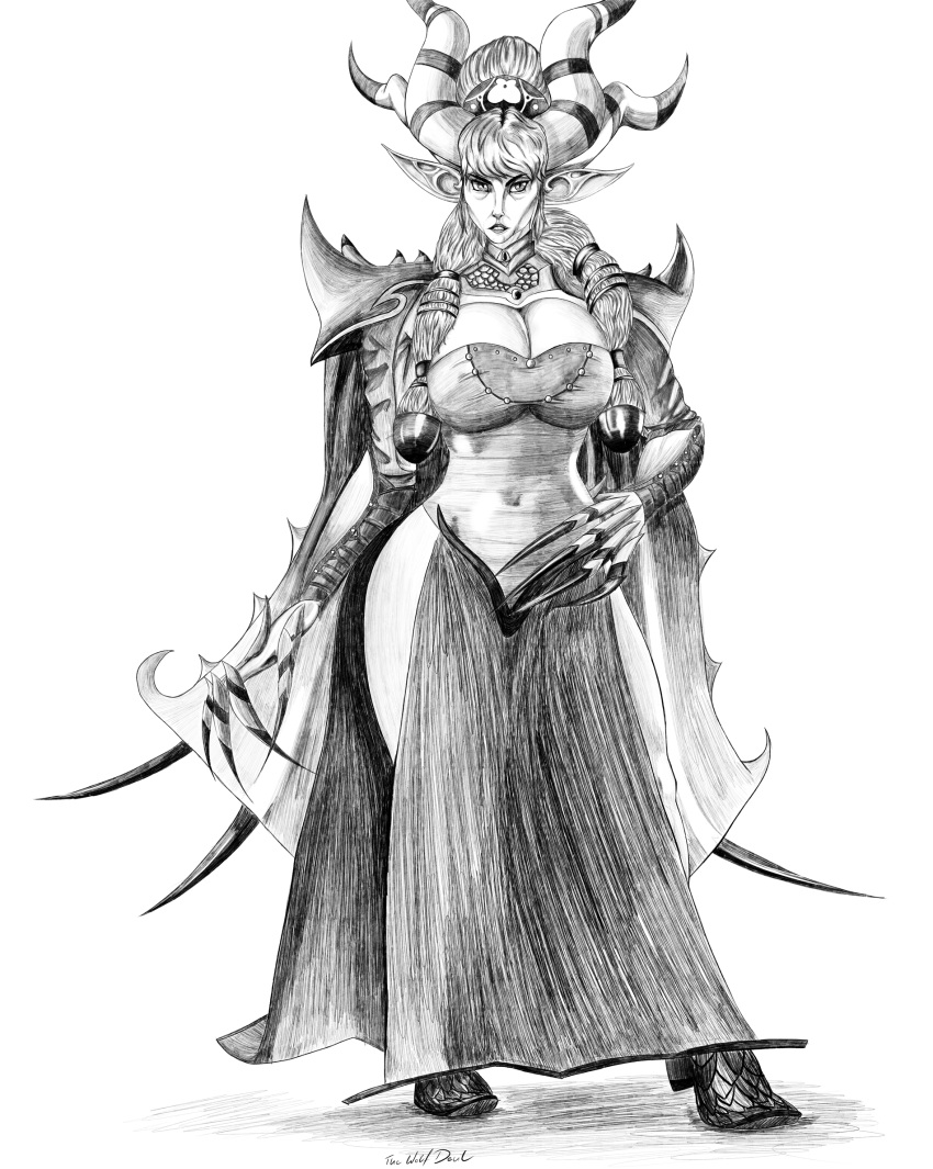 accessory arm_guards boots breasts cape claws clothed clothing daeling demon dress ecra female footwear hair hair_accessory hair_ribbon haircut hi_res horn humanoid humanoid_pointy_ears hybrid jewelry looking_at_viewer magnum_quest not_furry plejman ribbons shoulder_pads solo