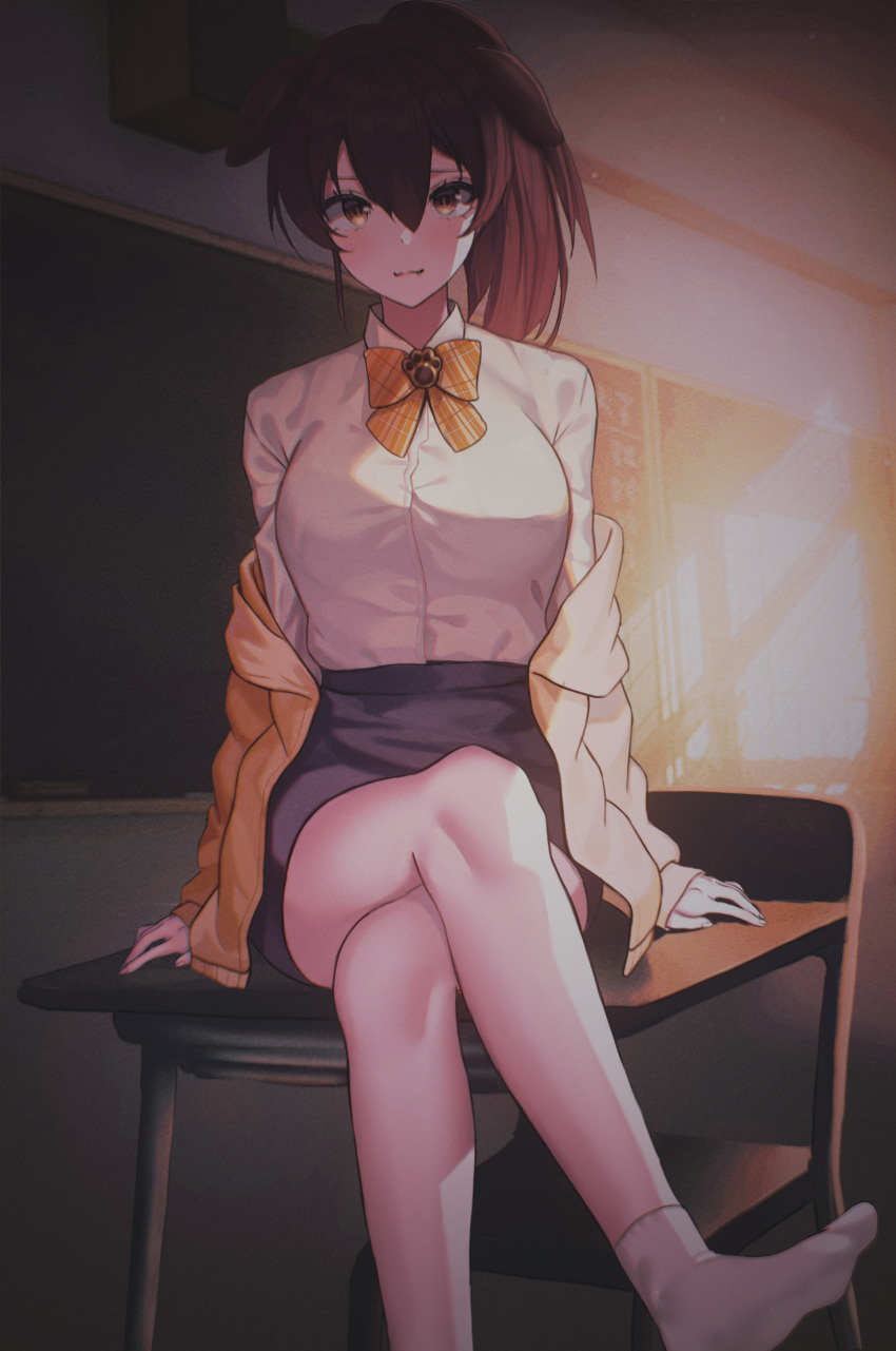 1girl absurdres animal_ears breasts brown_eyes brown_hair cardigan chair chalkboard crossed_legs desk dog_ears fang fang_out hair_between_eyes highres hololive inugami_korone long_hair neck_ribbon off_shoulder ponytail quandoo ribbon school_chair school_desk school_uniform skirt smile socks solo virtual_youtuber white_socks