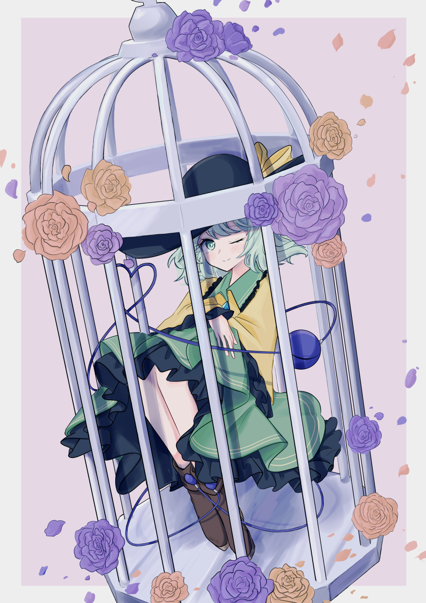 1girl ;) absurdres birdcage black_headwear blouse blush boots bow bright_pupils brown_footwear cage chinese_commentary closed_mouth commentary flower frilled_shirt_collar frilled_skirt frilled_sleeves frills full_body green_eyes green_skirt hat hat_bow heart heart_of_string highres komeiji_koishi long_sleeves looking_at_viewer one_eye_closed orange_flower orange_rose purple_flower purple_rose rose shirt skirt smile solo third_eye touhou uzumibi white_pupils wide_sleeves yellow_bow yellow_shirt