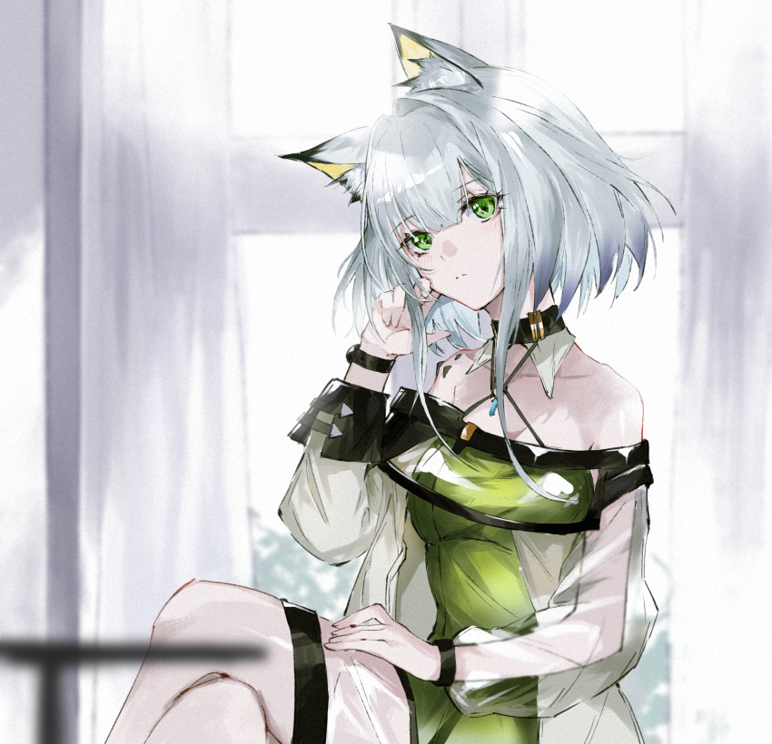 1girl animal_ear_fluff animal_ears arknights bad_anatomy bangs blurry blurry_background blurry_foreground closed_mouth collar collarbone crossed_legs dress green_dress green_eyes hair_between_eyes hand_on_own_face hand_on_own_thigh head_tilt highres kal'tsit_(arknights) light_blush long_sleeves looking_at_viewer lynx_ears medium_hair off-shoulder_dress off_shoulder oripathy_lesion_(arknights) s_4ik4 see-through sitting solo watch white_hair window wristwatch