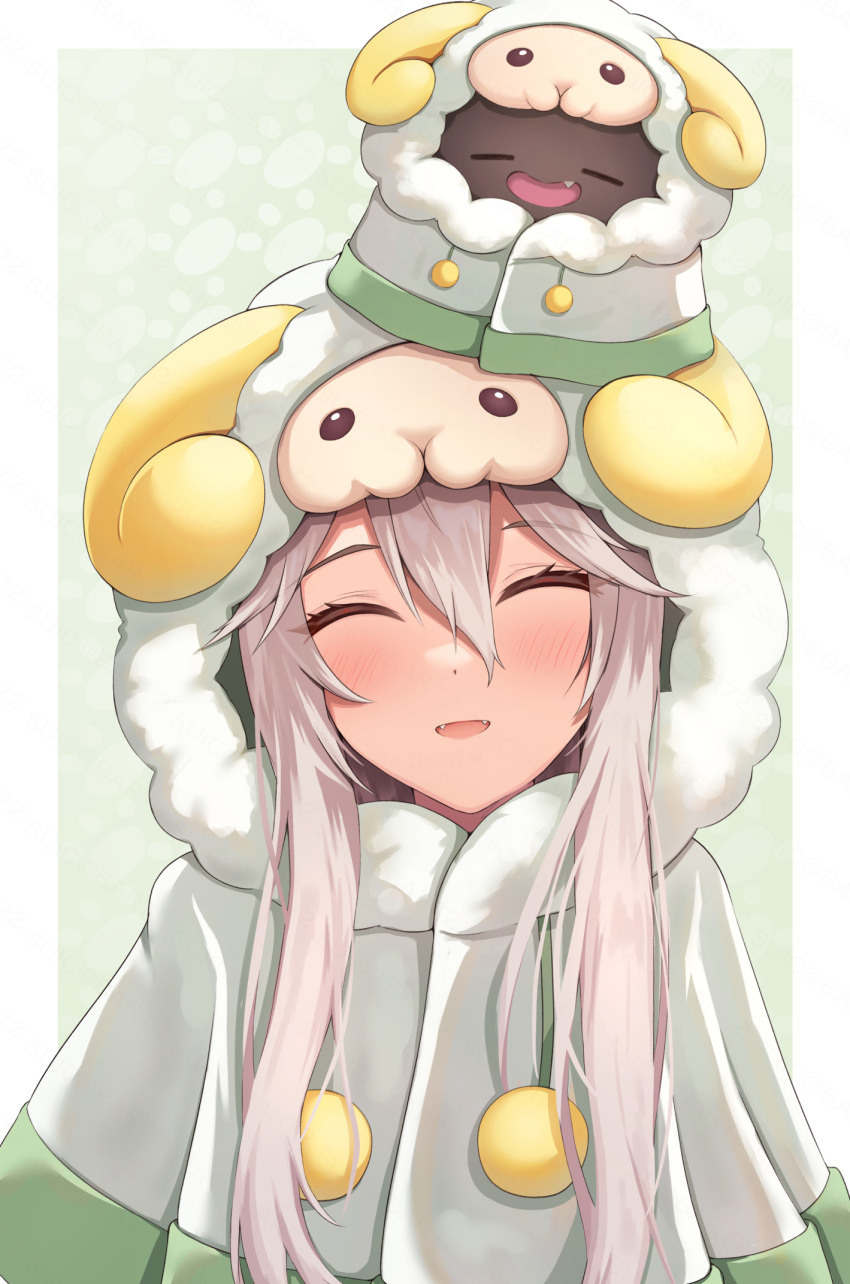 1girl animal_hood closed_eyes fangs grey_hair highres hololive hood long_hair matching_outfit on_head sheep_hood shishiro_botan smile ssrb suicabar72 virtual_youtuber wool