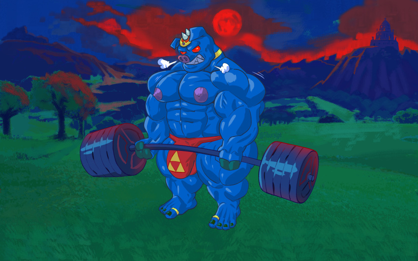 anthro big_bulge blue_body bulge clothed clothing detailed_bulge digital_media_(artwork) domestic_pig exercise ganon ganondorf headgear headwear hi_res hyrule_field lifting male mammal muscular muscular_male nintendo nipples red_eyes ring_(jewelry) solo speedo suid suina sus_(pig) swimwear the_legend_of_zelda tiburalgo triforce triforce_symbol video_games weights workout