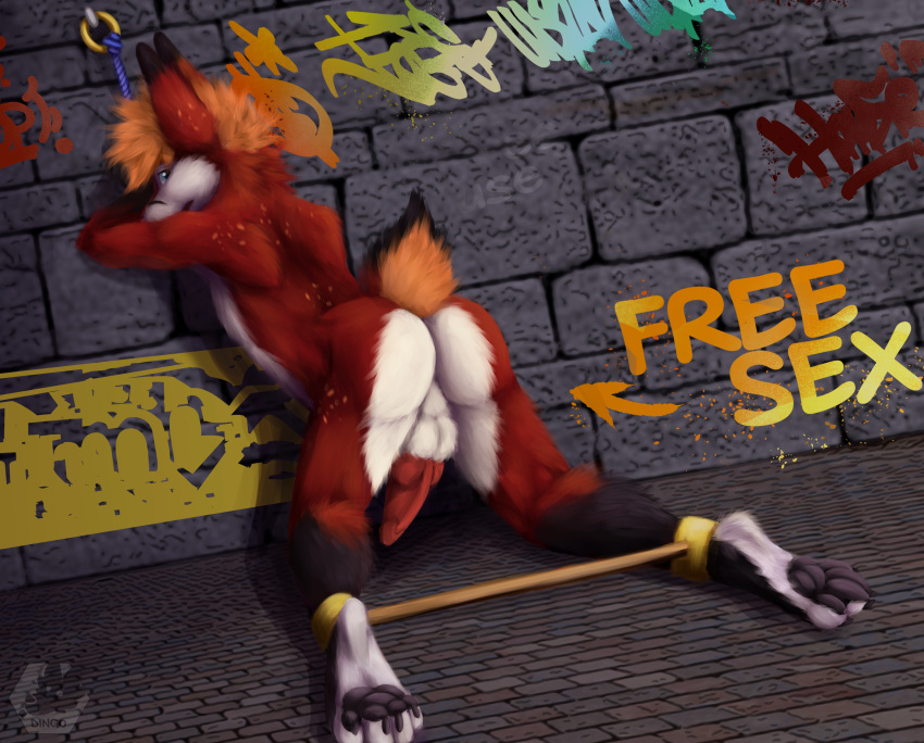 absurd_res anthro bdsm bondage bound buts butt canid canine cell_(disambiguation) claws discipline dungeon eldingo_(artist) fox genitals graffiti hi_res hybrid kidnapping lagomorph leporid male male/male mammal nsfw pads_(disambiguation) pawpads paws penis prison prisoner punishment rabbit rope slave solo submissive ych