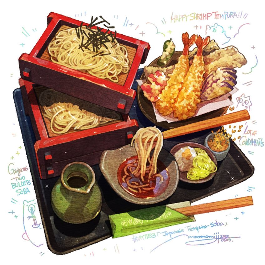 bottle chopsticks english_text food food_focus highres momiji_mao noodles original plate sesame_seeds shrimp shrimp_tempura soba sparkle still_life tempura tray tsuyu_sauce white_background