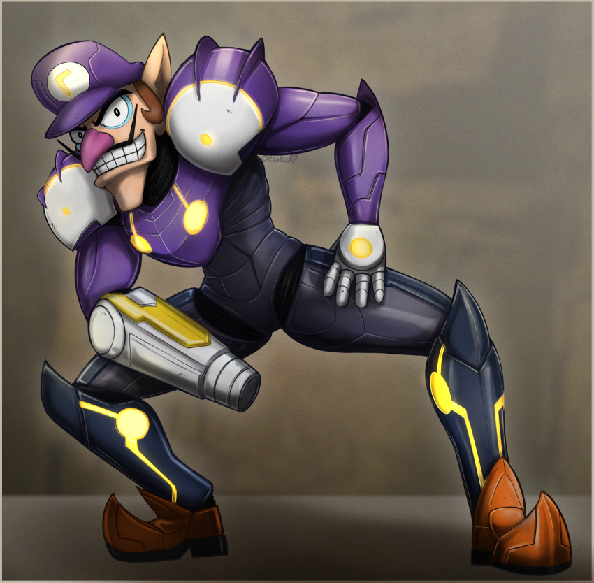 1boy adapted_costume arm_cannon commentary cosplay english_commentary facial_hair full_body grin hat highres long_nose male_focus mario_(series) metroid mustache otakuap pointy_ears pointy_footwear power_suit_(metroid) samus_aran samus_aran_(cosplay) signature smile solo squatting waluigi weapon