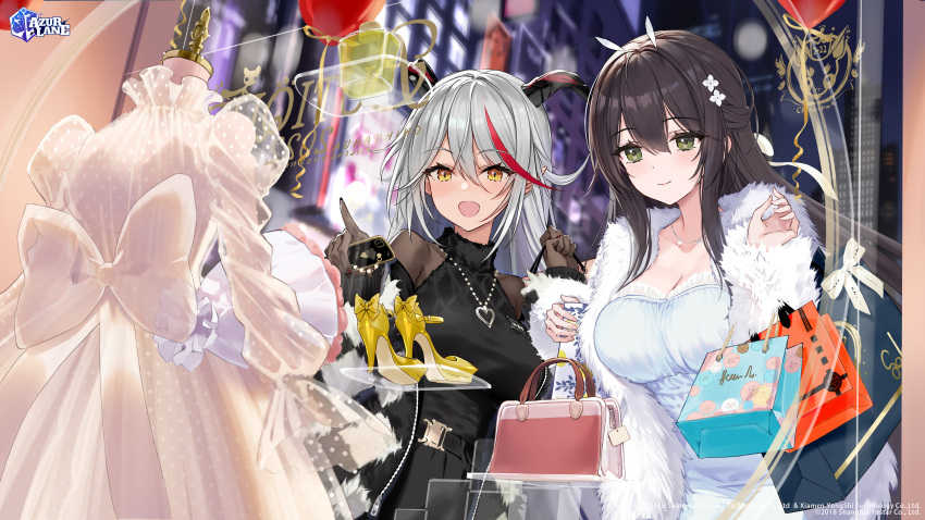 2girls absurdres aegir_(azur_lane) azur_lane bag bangs black_hair breasts cleavage closed_mouth commentary company_connection company_name copyright_name dress fur_trim gloves green_eyes grey_hair hair_ornament handbag high_heels highres holding horns indomitable_(azur_lane) jewelry large_breasts logo long_hair medium_breasts multicolored_hair multiple_girls necklace night official_art open_mouth outdoors pointy_ears red_hair ribbon sanbasou shiny shiny_hair shopping_bag simple_background smile yellow_eyes