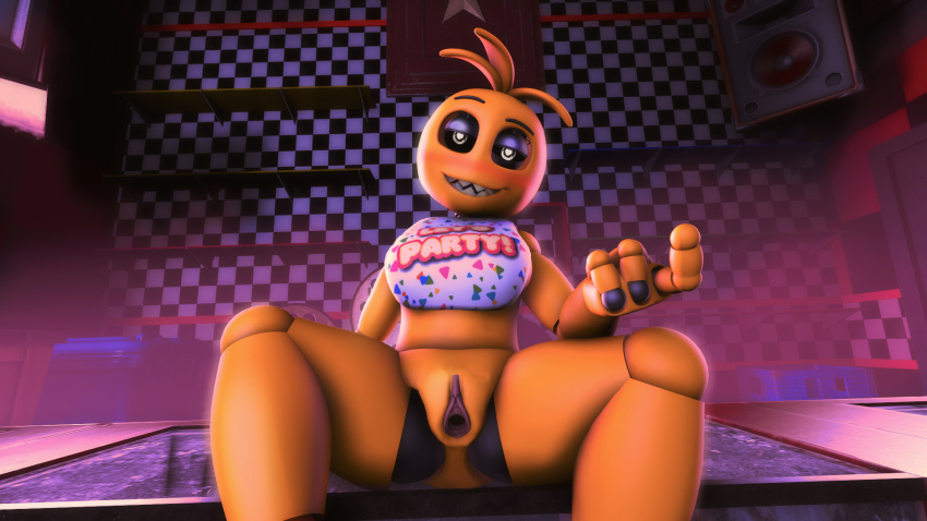 16:9 3d_(artwork) animatronic anthro avian bib bird bottomless chicken clothed clothing digital_media_(artwork) female five_nights_at_freddy's five_nights_at_freddy's_2 galliform gallus_(genus) hi_res looking_at_viewer machine phasianid robot scottgames sitting solo source_filmmaker spread_legs spreading teasing toy_chica_(fnaf) video_games widescreen