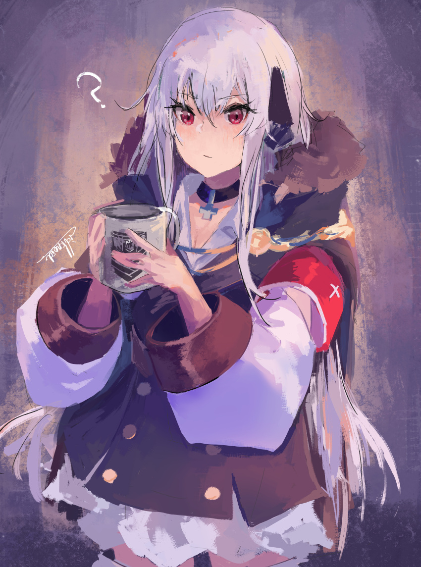 1girl ? absurdres artist_name bangs black_cape black_choker black_dress blush cape choker closed_mouth cross cross_necklace cup dress feet_out_of_frame fur-trimmed_cape fur_trim girls'_frontline griffin_&amp;_kryuger highres holding holding_cup jewelry kar98k_(girls'_frontline) long_hair looking_at_viewer necklace red_eyes reraise simple_background solo standing white_hair wide_sleeves