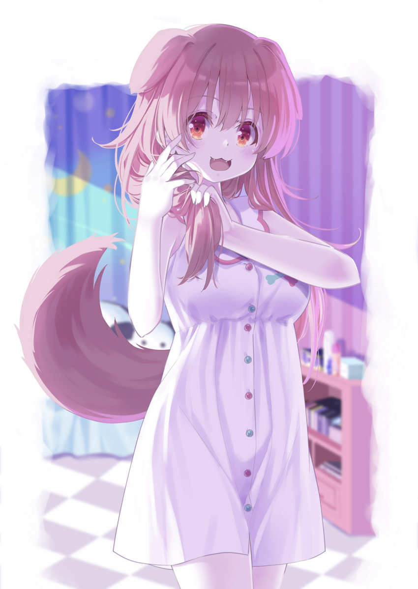 1girl 54hao :3 :d animal_ears bangs bare_arms bare_shoulders blurry blurry_background breasts brown_hair depth_of_field dog_ears dog_girl dog_tail dress fangs hair_between_eyes hands_up highres holding holding_hair hololive inugami_korone long_hair looking_at_viewer medium_breasts red_eyes sleeveless sleeveless_dress smile solo tail virtual_youtuber white_dress