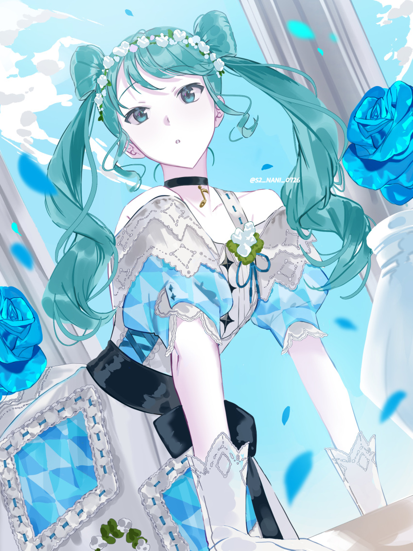 1girl :o absurdres aqua_eyes aqua_hair bangs black_bow black_choker blue_flower blue_rose bow choker cloud column commentary_request cowboy_shot day diamond_(shape) dress falling_petals flower gloves hair_flower hair_ornament hairband hatsune_miku highres korean_commentary leaning_forward long_hair looking_at_viewer musical_note_pendant nani_(s2_nani) pendant_choker petals pillar project_sekai puffy_short_sleeves puffy_sleeves rose short_sleeves solo swept_bangs twintails vase vocaloid waist_bow white_dress white_gloves