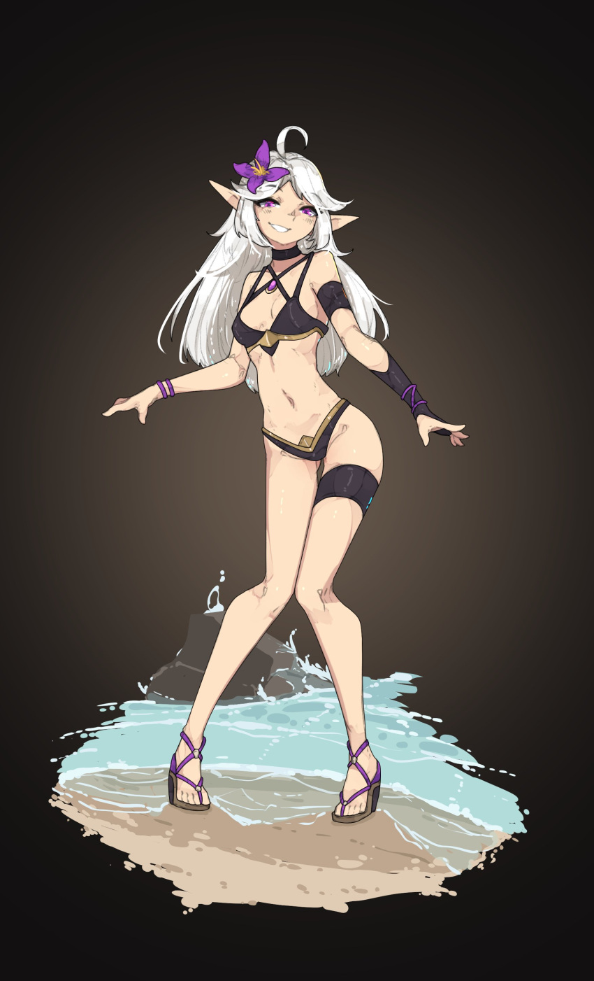 absurd_res breasts clothing elf female hair hi_res humanoid humanoid_pointy_ears long_hair looking_at_viewer not_furry shuuko skinny small_breasts smile solo swimwear