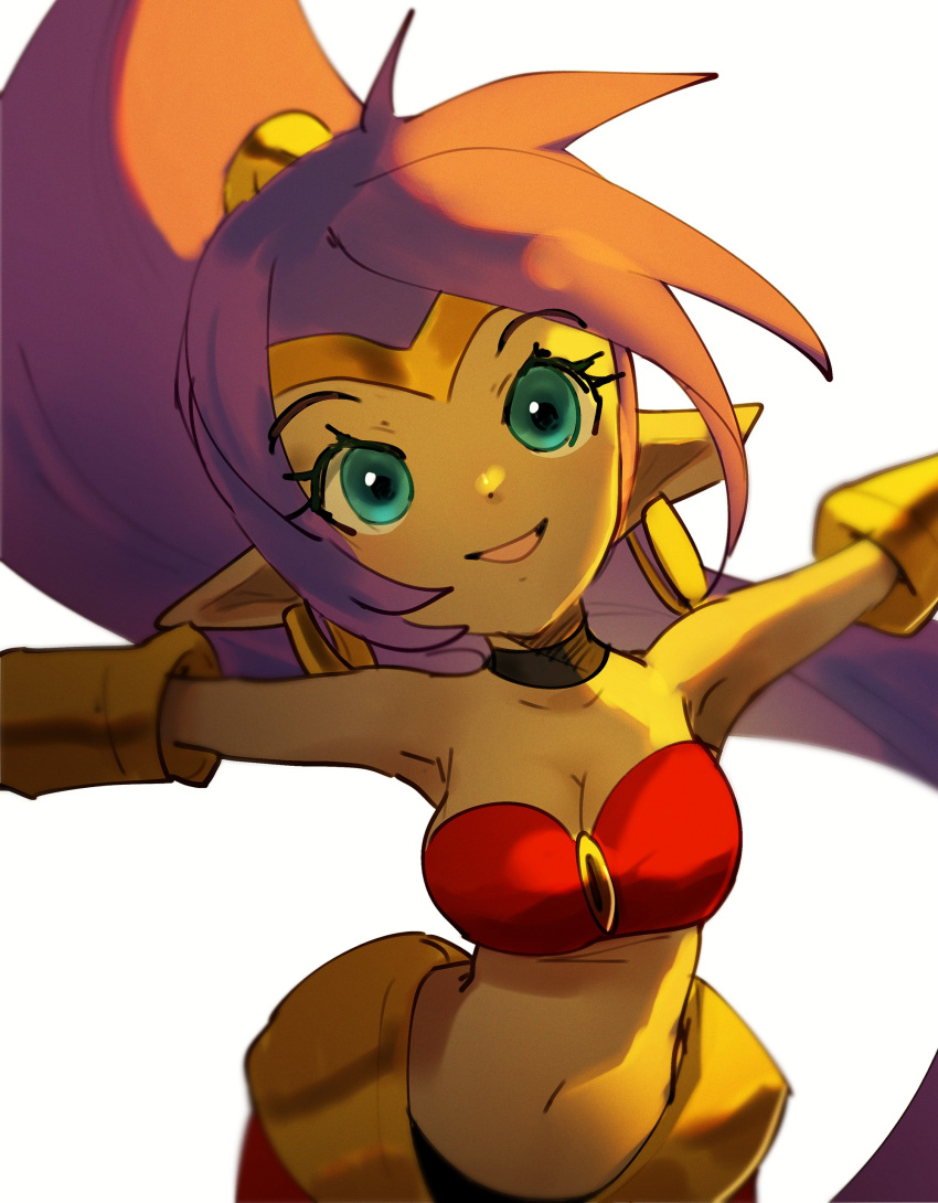 2022 absurd_res blue_eyes breasts clothing ear_piercing ear_ring female genie hair hi_res humanoid humanoid_pointy_ears long_hair not_furry open_mouth open_smile pachirisus piercing ponytail purple_hair ring_piercing shantae shantae_(series) simple_background smile solo tan_body tan_skin video_games wayforward