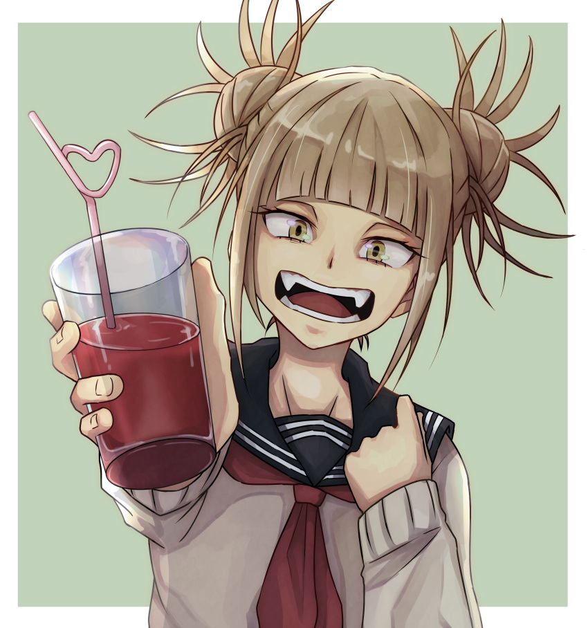 1girl absurdres bangs blood blunt_bangs boku_no_hero_academia cardigan cup double_bun drinking_straw fangs hair_bun heart highres holding holding_cup light_brown_hair messy_hair open_mouth osakanaotoko sailor_collar school_uniform simple_background smile solo toga_himiko yellow_eyes