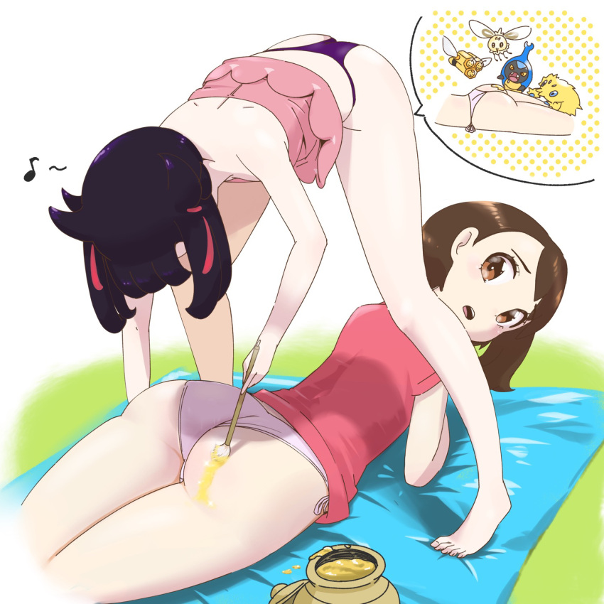 2girls :o ass barefoot bent_over brown_eyes brown_hair brushing clothes_lift combee commentary_request cutiefly dress dress_lift gloria_(pokemon) highres holding holding_brush honey honeypot joltik karrablast looking_back lying marnie_(pokemon) microsd_(pibo) multiple_girls musical_note no_pants on_stomach open_mouth panties pink_dress pink_panties pink_shirt pokemon pokemon_(creature) pokemon_(game) pokemon_swsh purple_panties shirt short_hair speech_bubble spoken_character spoken_musical_note twintails underwear