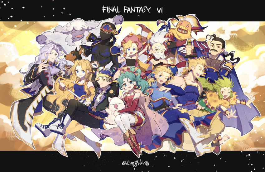 3girls 6+boys black_hair blonde_hair bodysuit boots cayenne_garamonde celes_chere edgar_roni_figaro everyone final_fantasy final_fantasy_vi gau gogo green_hair grey_hair hanaon highres holding holding_sword holding_weapon interceptor_(ff6) lock_cole mash_rene_figaro mog multiple_boys multiple_girls ninja pants relm_arrowny setzer_gabbiani shadow_(ff6) square_enix stragus_magus sword tina_branford umaro vest weapon white_footwear white_hair yellow_pants yellow_vest yeti_(creature)