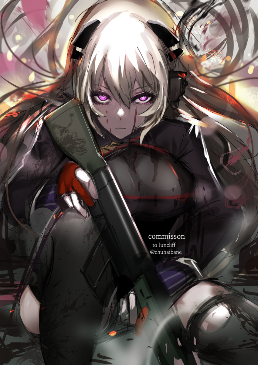 1girl assault_rifle bangs battle_rifle black_dress black_thighhighs blonde_hair blood blood_on_face bodystocking breasts chuhaibane closed_mouth dress feet_out_of_frame g3_(girls'_frontline) girls'_frontline gloves gun h&amp;k_g3 hair_ornament hairclip highres holding holding_gun holding_weapon long_hair long_sleeves looking_at_viewer medium_breasts mod3_(girls'_frontline) one_knee partially_fingerless_gloves purple_eyes red_gloves rifle serious simple_background solo thighhighs torn_thighhighs weapon
