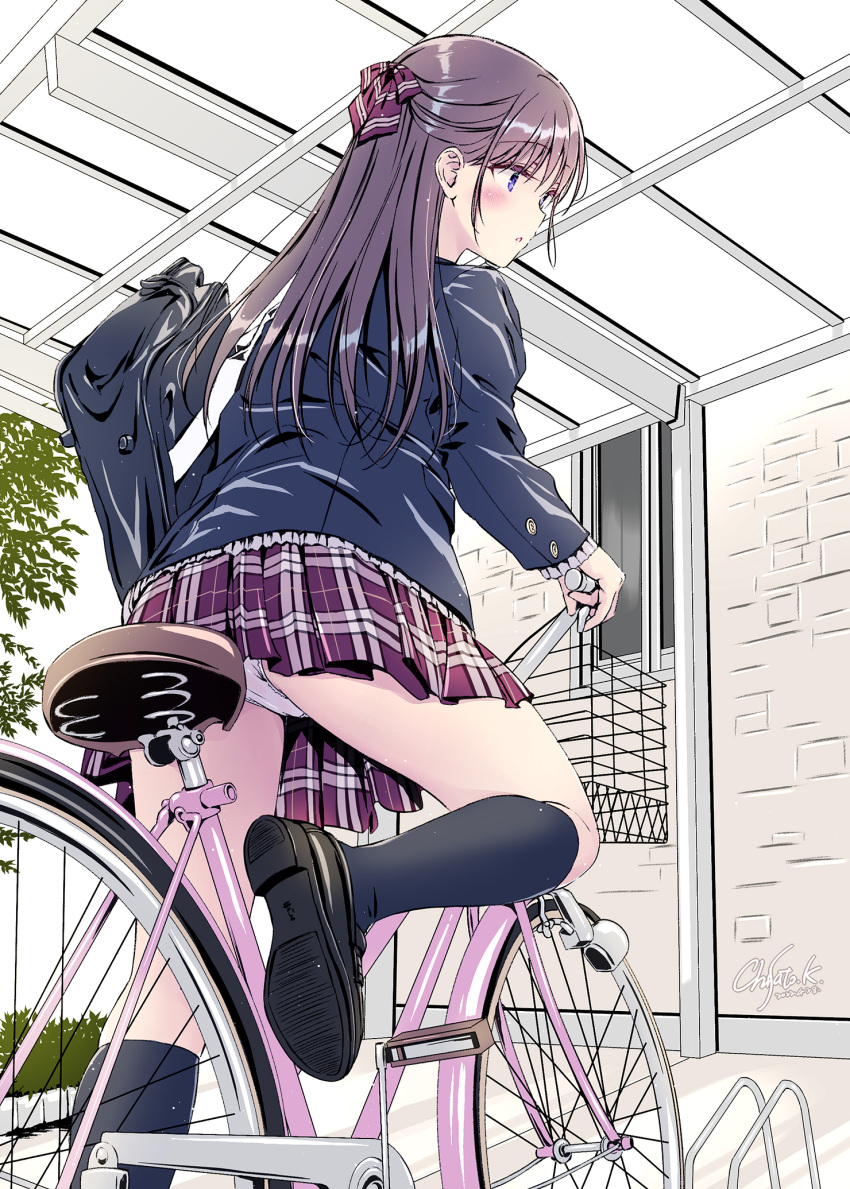 bag bangs bicycle bicycle_basket bicycle_rack black_footwear blazer blue_jacket blue_socks bow building cardigan carrying_bag day grass ground_vehicle hair_behind_ear hair_bow highres jacket kobayashi_chisato loafers long_hair miniskirt original outdoors panties pantyshot plaid plaid_skirt plant pleated_skirt purple_bow purple_hair purple_skirt riding riding_bicycle school_bag school_uniform shoe_soles shoes skirt socks solo striped striped_bow underwear white_panties