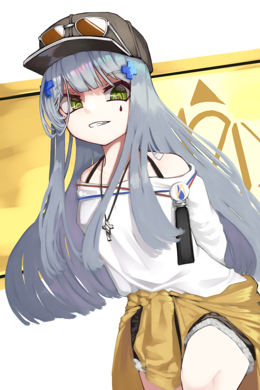 1girl absurdres alternate_costume arms_behind_back bangs baseball_cap black_headwear black_shorts blue_hair breasts brown_cardigan cardigan cardigan_around_waist casual clothes_around_waist cross cross_necklace eyewear_on_headwear feet_out_of_frame girls'_frontline green_eyes hair_ornament hairclip hat heart heart-shaped_pupils highres hk416_(girls'_frontline) jewelry leaning_forward long_hair looking_at_viewer necklace nero_(nero_nyam) off_shoulder open_mouth shaded_face shirt shorts simple_background solo standing sunglasses symbol-shaped_pupils teardrop_facial_mark teardrop_tattoo teeth white_shirt