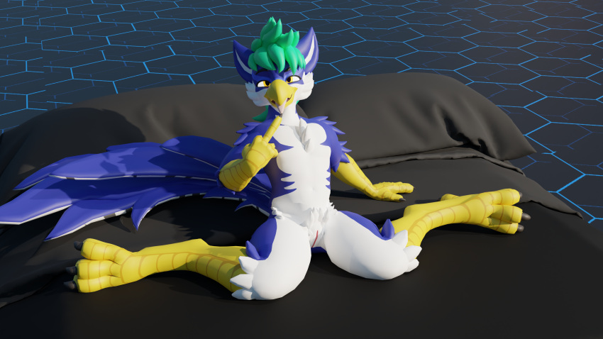 16:9 4k absurd_res andromorph anthro avian bed bedroom_eyes bird falcon falconid furniture genitals gesture gryphon hi_res intersex jorric_(artist) kneeling male middle_finger mythological_avian mythology narrowed_eyes on_bed pussy seductive solo widescreen