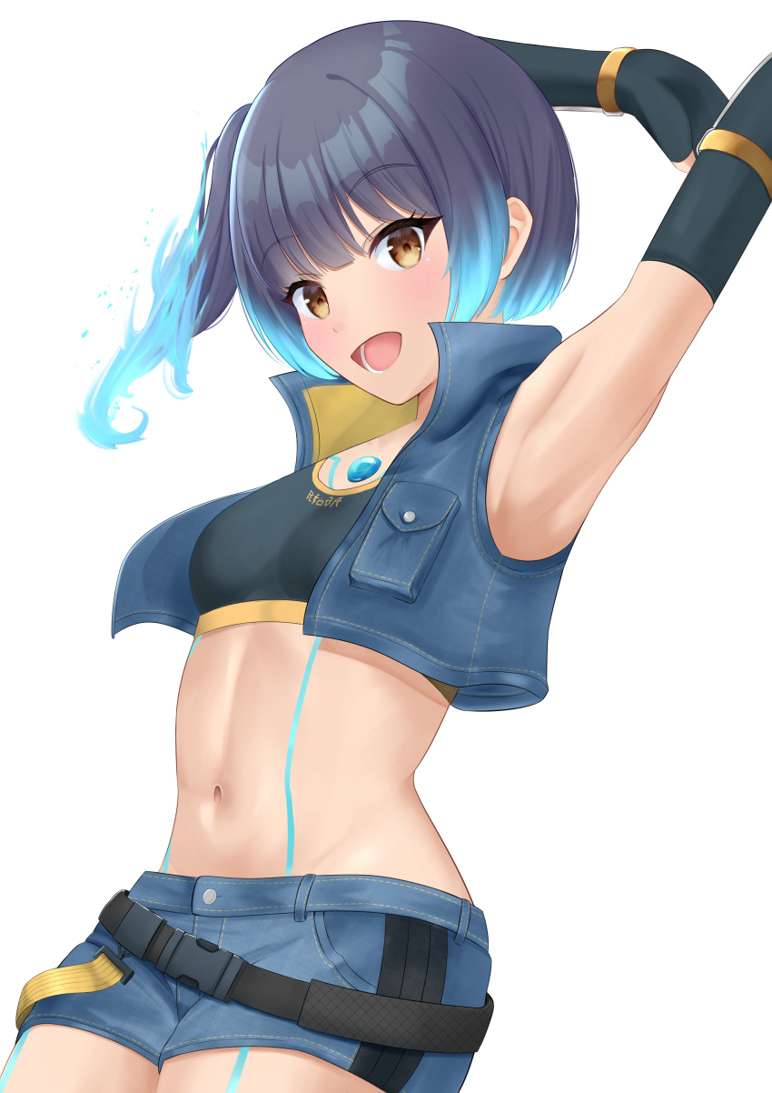 1girl :d absurdres armpits arms_up bangs black_gloves blue_hair blue_jacket blue_shorts blunt_bangs breasts chest_jewel crop_top dark-skinned_female dark_skin denim denim_shorts elbow_gloves fingerless_gloves gloves highres jacket long_hair looking_at_viewer midriff navel open_mouth sena_(xenoblade) shorts side_ponytail small_breasts smile solo sports_bra suetan922 tattoo xenoblade_chronicles_(series) xenoblade_chronicles_3 yellow_eyes