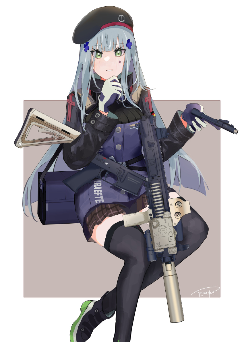 1girl absurdres artist_name assault_rifle bangs beret black_footwear black_thighhighs blue_hair blue_jacket blush boots breasts foot_out_of_frame german_flag girls'_frontline gloves green_eyes gun h&amp;k_hk416 hair_ornament hairclip hand_on_own_chin hat highres hk416_(girls'_frontline) holding holding_gun holding_weapon jacket long_hair long_sleeves looking_at_viewer multicolored_clothes multicolored_jacket open_mouth plaid plaid_skirt reraise rifle simple_background sitting skirt smile solo tactical_clothes teardrop_facial_mark teardrop_tattoo thighhighs two-tone_jacket weapon white_gloves