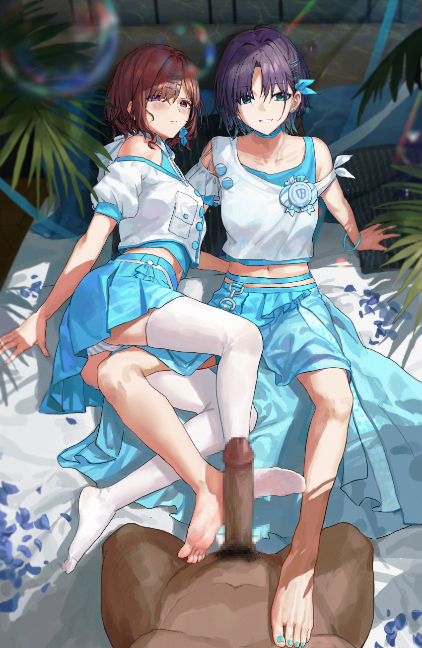 2girls absurdres arm_support asakura_toru ass asymmetrical_clothes bangs barefoot belt blue_belt blue_eyes blue_nails blue_ribbon blue_skirt blue_tank_top blush bracelet breasts brown_hair censored clothed_female_nude_male cooperative_footjob crop_top dark-skinned_male dark_skin earrings feet frown grin hair_intakes hair_ornament hair_over_eyes hair_over_one_eye hair_ribbon hairclip highres higuchi_madoka idolmaster idolmaster_shiny_colors jewelry kneeling large_penis leg_between_thighs legs looking_at_viewer lying medium_breasts midriff miniskirt mole mole_under_eye mosaic_censoring multiple_girls nail_polish navel neck_ribbon nude on_side panties parted_bangs penis petals pleated_skirt pov puffy_short_sleeves puffy_sleeves purple_eyes purple_hair ribbon shirt short_hair short_sleeves sitting skirt smile soap_bubbles soles striped striped_panties tank_top thighhighs toenail_polish toenails underwear vertical-striped_panties vertical_stripes white_panties white_shirt white_tank_top x_hair_ornament yuebaihezi