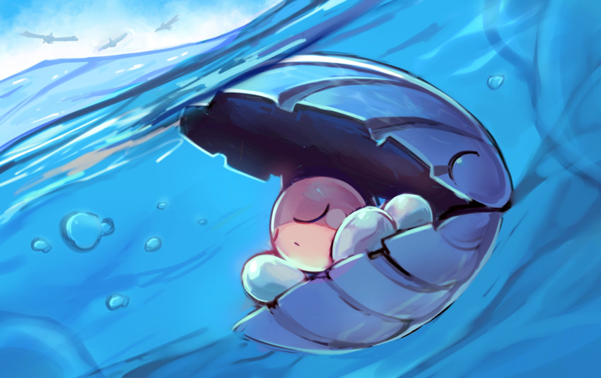 =_(9_yawbus) air_bubble bubble clamperl closed_eyes commentary_request day full_body highres no_humans partially_underwater_shot pokemon pokemon_(creature) silhouette sleeping u_u water wingull