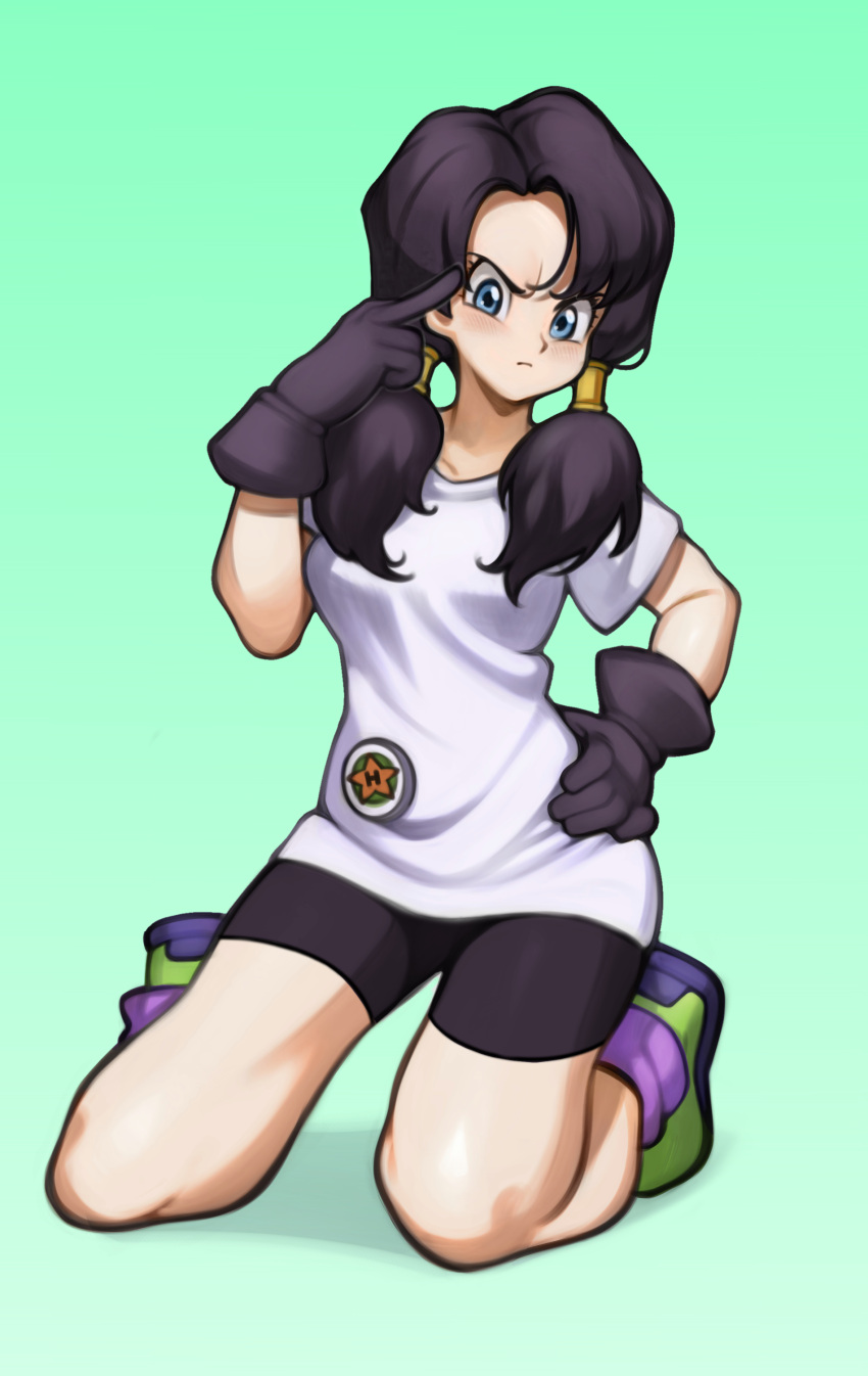 absurd_res dragon_ball dragon_ball_z female flipping_viewer_off hi_res human kneeling lentiyay mammal not_furry pinup pose slim solo twintails_(hairstyle) videl