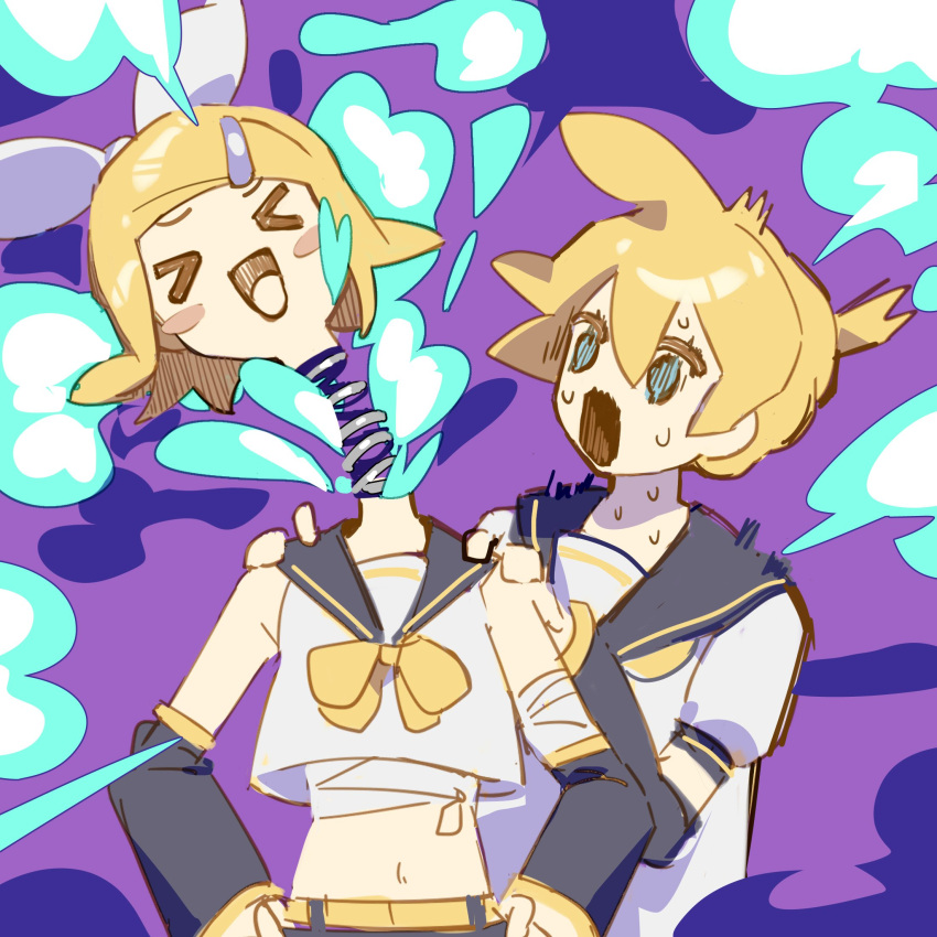 &gt;_&lt; aqua_eyes bandaged_arm bandaged_chest bandages bare_shoulders black_sailor_collar blonde_hair blush_stickers bow chi_ya commentary crop_top disembodied_head flinch hair_bow halloween hands_on_another's_shoulders hands_on_hips heart highres kagamine_len kagamine_rin midriff navel neckerchief open_mouth purple_background sailor_collar scared shirt short_hair short_ponytail smile smoke spiked_hair spring_(object) surprised sweat sweating_profusely symbol-only_commentary trick upper_body vocaloid white_bow white_shirt yellow_neckerchief