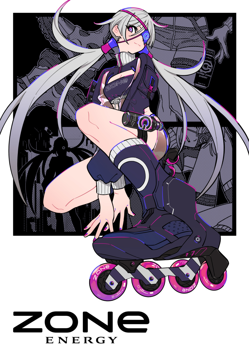 1girl absurdres can dive_to_zone eyepatch full_body grey_hair hair_ornament highres inline_skates long_hair long_sleeves nail_polish pink_eyes power_symbol product_girl roller_skates shorts sitting skates smile solo tarou2 twintails very_long_hair zonko