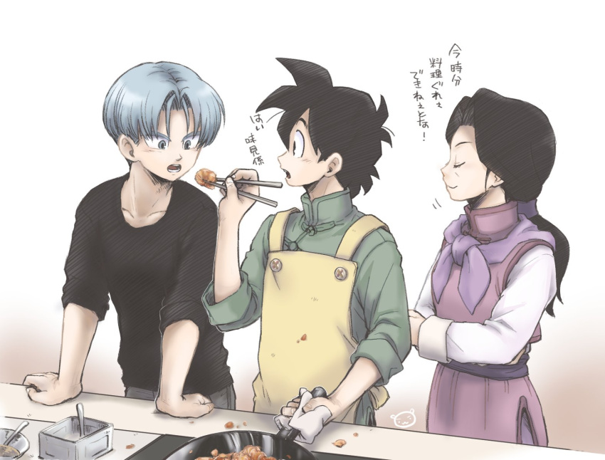 1girl 2boys apron ayata-haikyu black_eyes black_hair black_shirt blue_eyes blue_hair chi-chi_(dragon_ball) chinese_clothes chopsticks commentary commentary_request cowboy_shot dragon_ball dragon_ball_super dragon_ball_super_super_hero feeding food frying_pan highres holding holding_chopsticks holding_frying_pan long_sleeves looking_at_another looking_at_food mother_and_son multiple_boys open_mouth shirt simple_background smile son_goten spoon teeth translation_request trunks_(dragon_ball) upper_teeth white_background