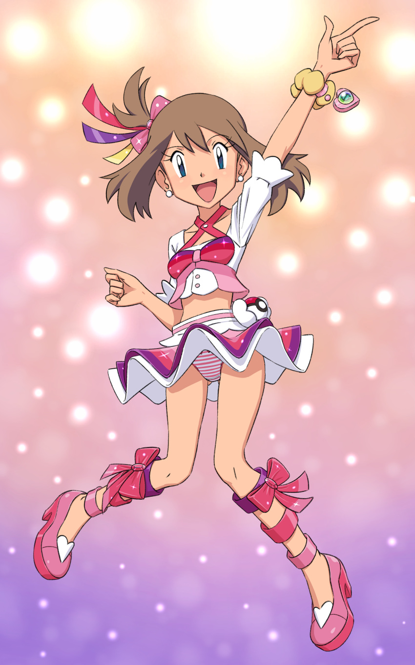 1girl :d absurdres arm_up bangs blue_eyes bracelet brown_hair buttons clenched_hand commentary_request cropped_shirt earrings eyelashes full_body highres jewelry knees looking_at_viewer may_(pokemon) miraa_(chikurin) open_mouth overskirt panties pink_footwear pokemon pokemon_(game) pokemon_oras shirt shoes skirt smile solo striped striped_panties tongue underwear white_shirt white_skirt