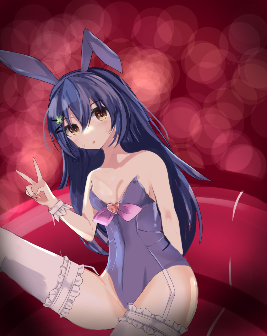 1girl absurdres animal_ears blue_hair bow bowtie breasts brown_eyes card casino catssoft1 clover_hair_ornament date_a_live detached_collar fake_animal_ears four-leaf_clover_hair_ornament garter_straps genderswap genderswap_(mtf) hair_ornament highres itsuka_shiori leotard medium_breasts playboy_bunny rabbit_ears self_upload solo strapless strapless_leotard thighhighs v wrist_cuffs