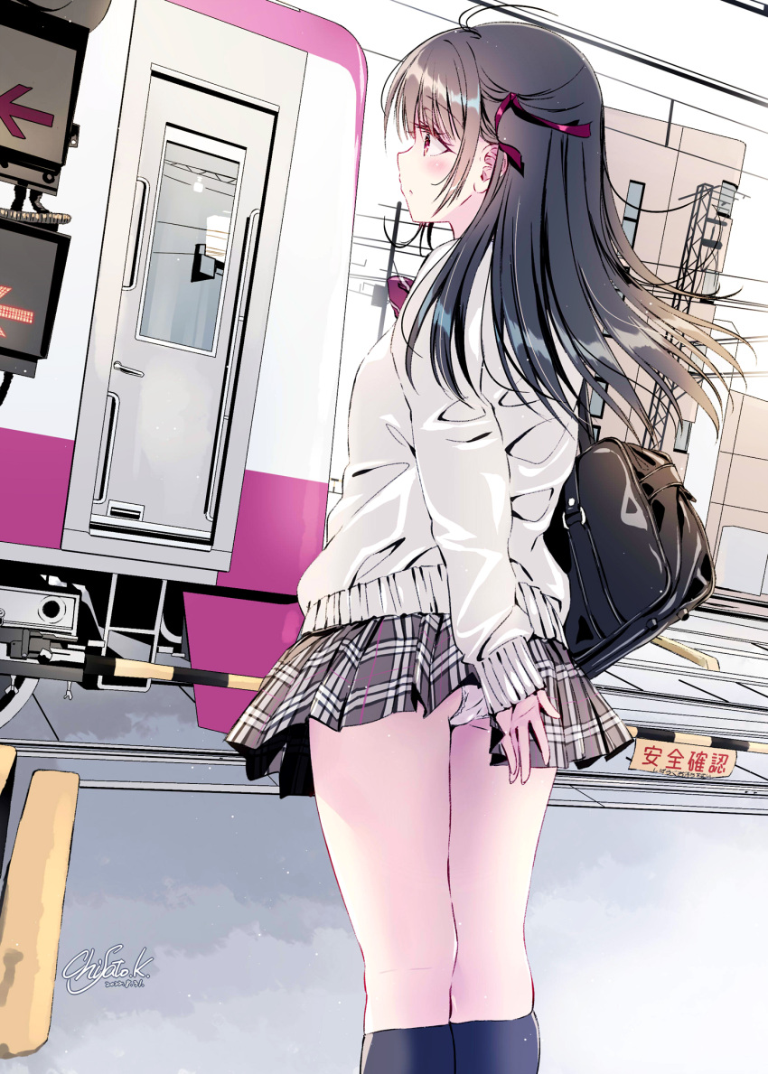 1girl arrow_(symbol) bag bangs black_bag black_eyes blue_socks bow bowtie cable cardigan carrying_bag door from_side grey_skirt ground_vehicle hair_behind_ear hair_ribbon highres kobayashi_chisato long_hair looking_ahead motor_vehicle original panties pantyshot plaid plaid_skirt pleated_skirt power_lines profile purple_bow purple_bowtie purple_ribbon radio_tower railroad_tracks ribbon school_bag school_uniform sign signature skirt socks solo standing striped striped_bow striped_bowtie train train_station underwear wardrobe_malfunction watermark white_cardigan white_panties