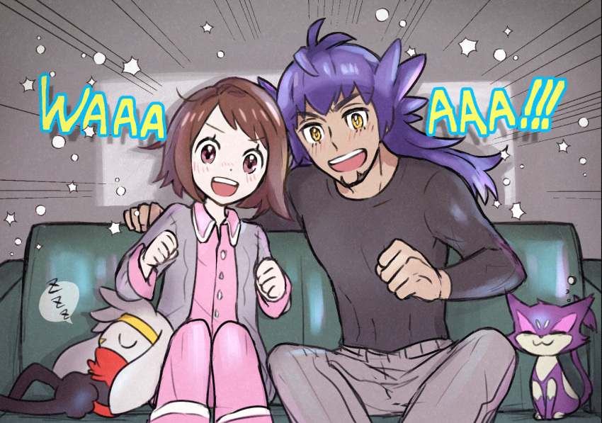 1boy 1girl alternate_costume bob_cut bright_pupils brown_eyes brown_hair buttons cardigan collared_shirt commentary_request couch dark-skinned_male dark_skin facial_hair gloria_(pokemon) grey_cardigan grey_pants harai_(haraiqq) indoors leon_(pokemon) long_hair looking_at_viewer open_cardigan open_clothes pants pink_pants pink_shirt pokemon pokemon_(creature) pokemon_(game) pokemon_swsh purple_hair purrloin raboot shirt short_hair sitting star_(symbol) white_pupils yellow_eyes