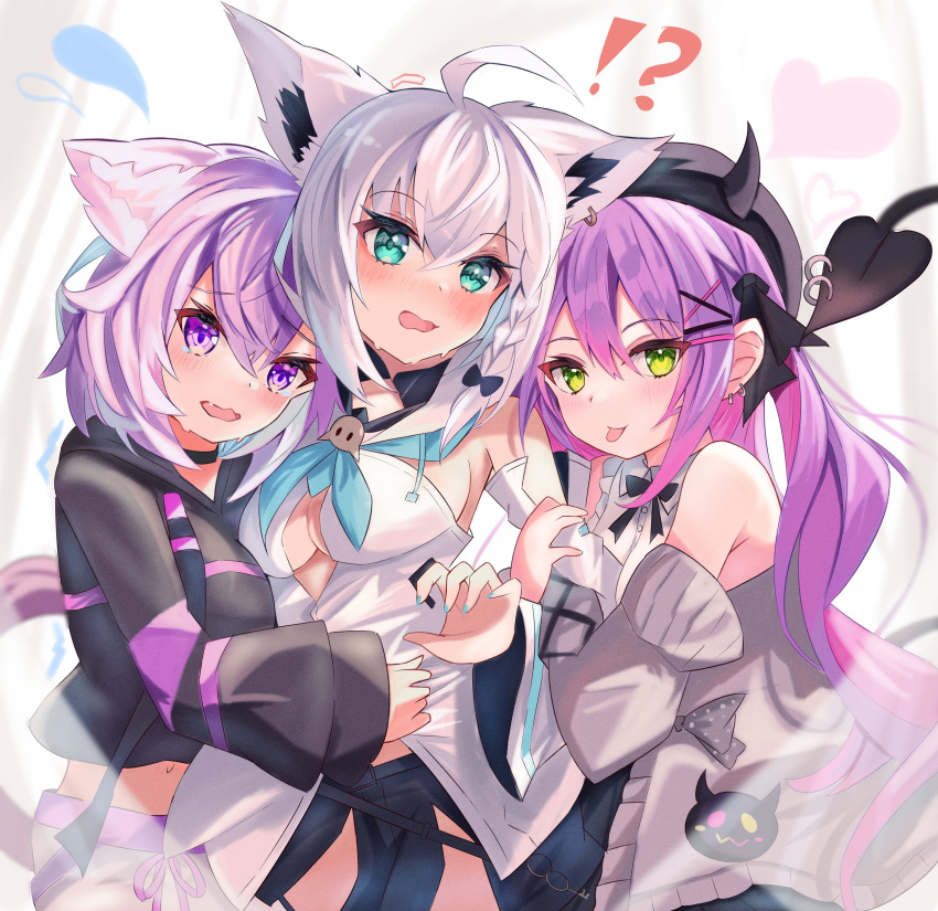 !? 3girls absurdres ahoge animal_ear_fluff animal_ears arm_hug bangs bare_shoulders bibi_(tokoyami_towa) black_shirt black_shorts blue_nails blue_neckerchief blush braid breasts cardigan cat_ears cat_girl cat_tail cleavage commentary_request demon_tail detached_sleeves earrings fox_ears fox_girl green_eyes grey_cardigan hair_between_eyes hair_ribbon highres hololive hood hoodie hug jewelry long_hair looking_at_viewer medium_breasts midriff multiple_girls navel neckerchief nekomata_okayu open_cardigan open_clothes open_mouth pants purple_eyes purple_hair ribbon shirakami_fubuki shirt short_hair short_shorts shorts sidelocks simple_background single_braid soma443 tail tearing_up tokoyami_towa tongue tongue_out virtual_youtuber white_background white_hair white_hoodie white_pants white_shirt